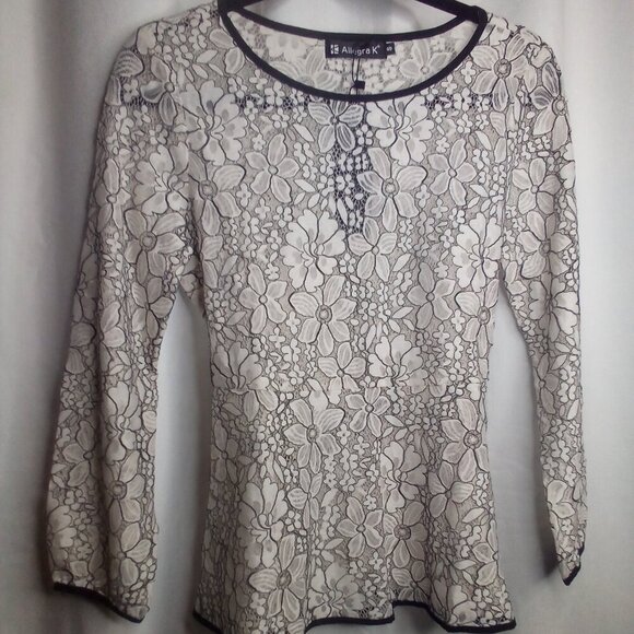 Allegra K Blouse S Long Sleeve Sheer Lace Floral White Black - Picture 1 of 16